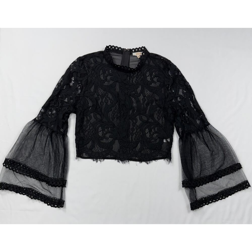 Peach Women’s black semi sheer lace bell sleeves blouse top - size medium